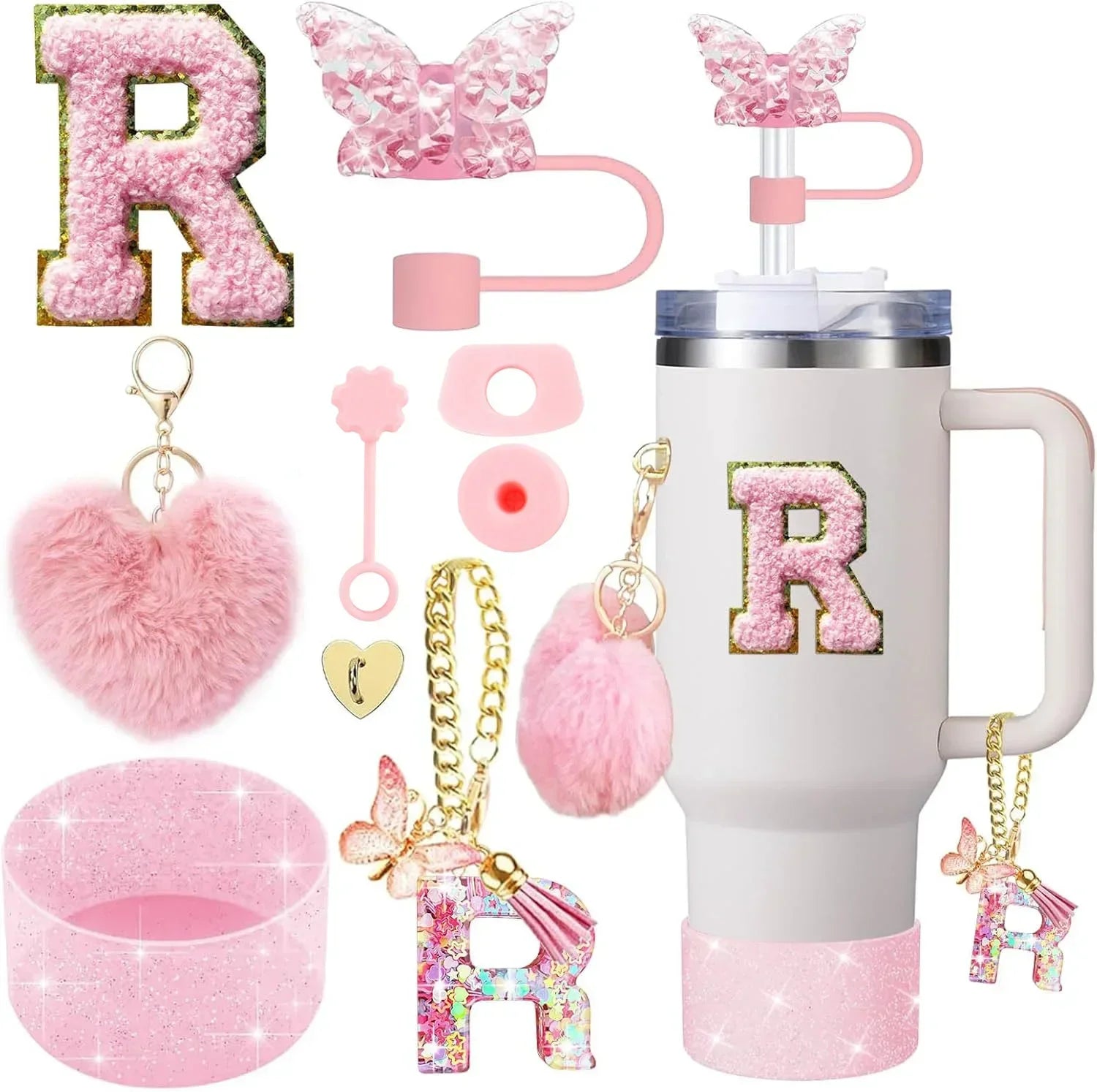 9PCS Accessory Set for Stanley Cup 30oz 40oz Butterfly Straw Cover Cap Silicone Boot Charm Initials Sticker Spill Proof Stopper