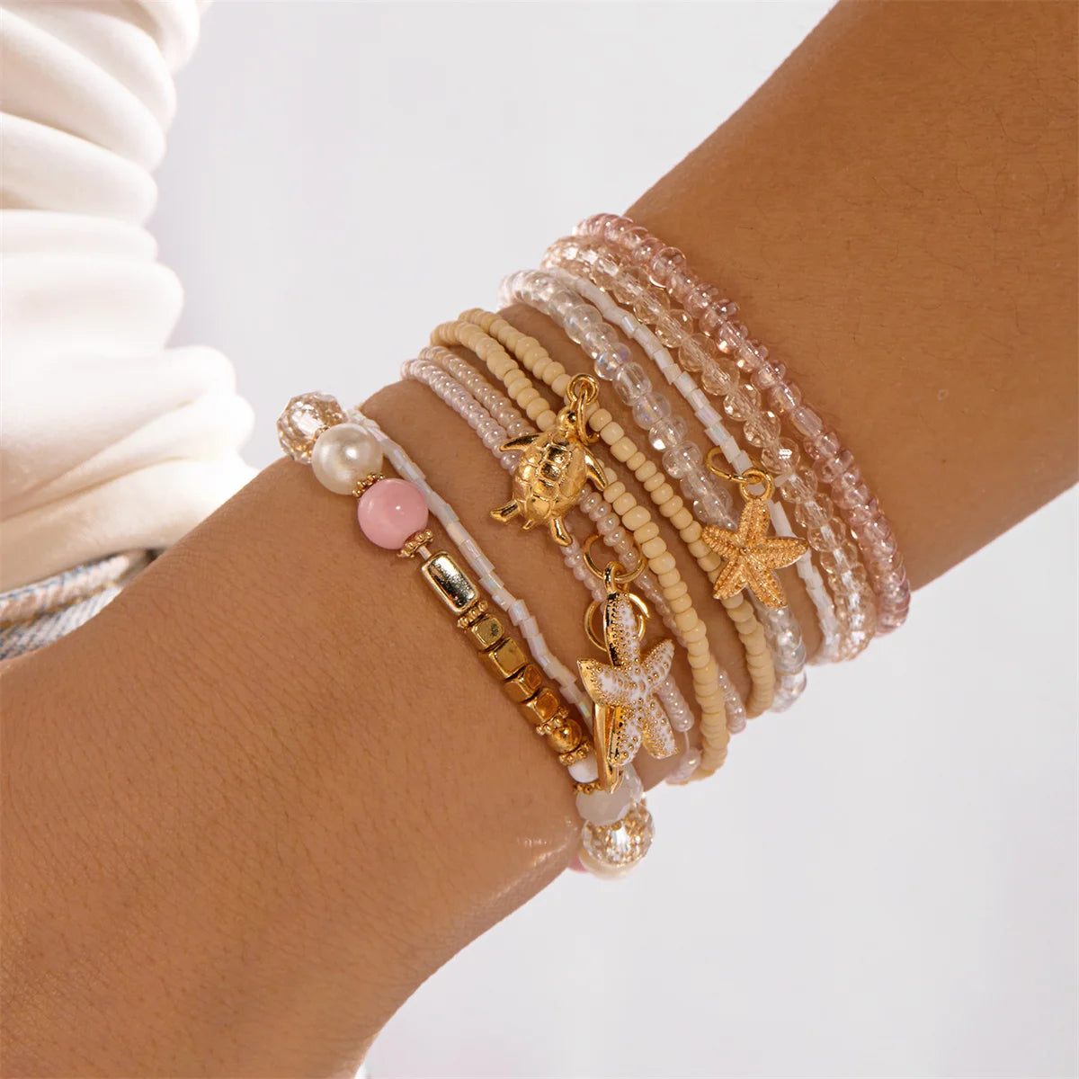 Fashion Multilayer Stacked Bracelets Set for Women Bohemian Shell Starfish Beaded Bracelets Summer Beach Party Jewelry Gift