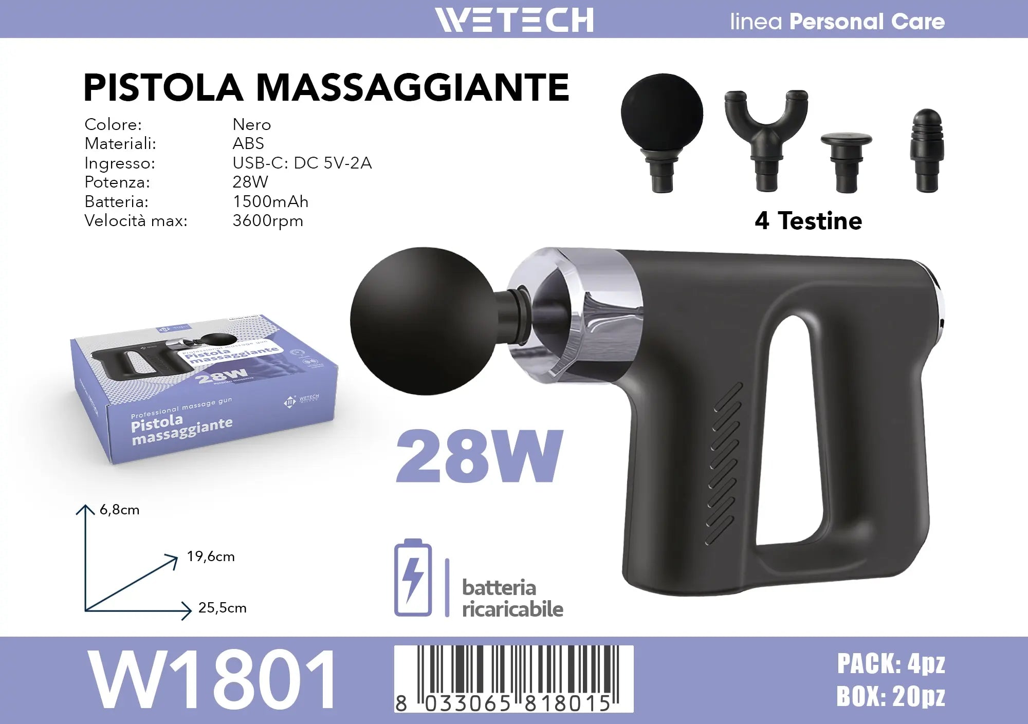 Percussion Deep Tissue Massage Gun 20W 28W Rechargeable Muscle Massager 4 Heads 3200-3600RPM For Gym Neck Back
