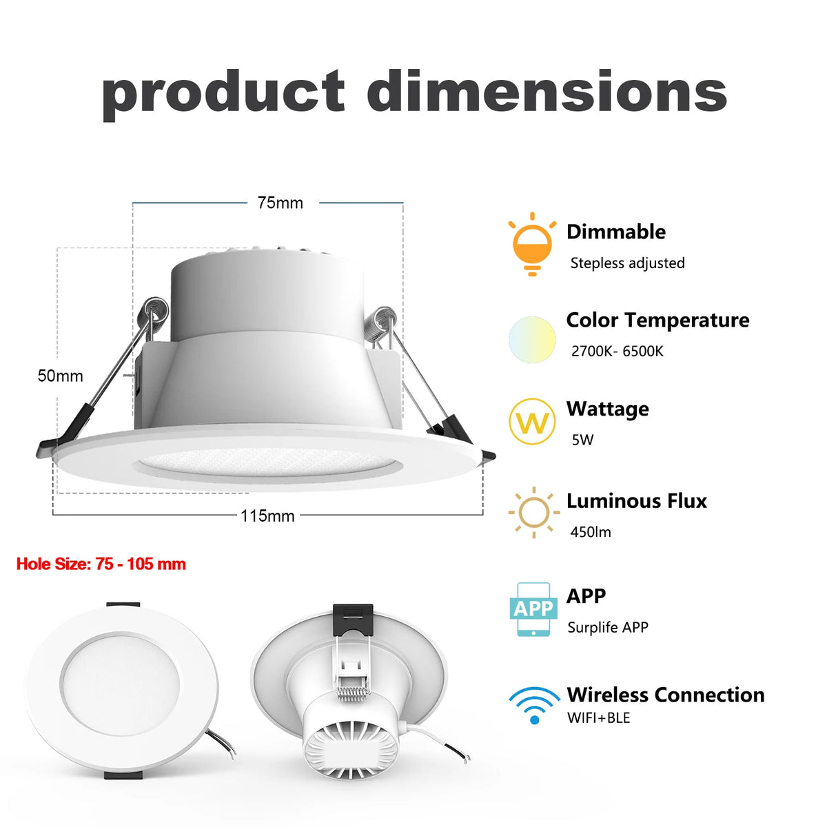 1-10PCS 5W Smart LED Downlight WiFi Ble Ceiling Lamp