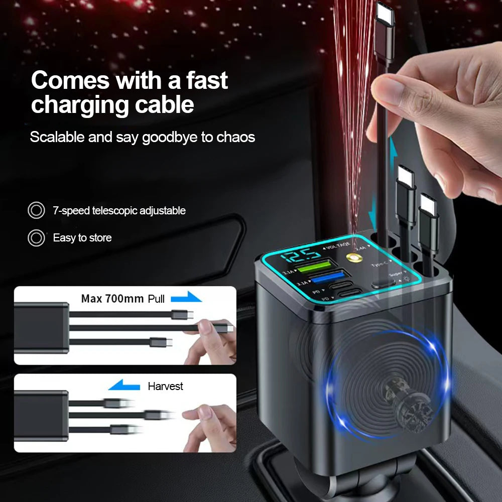 5 In 1 Car Charger 66W Max with Retractable Cable PD30W+2.4A Voltage Display Super Fast Charging 22.5W for iPhone & Android