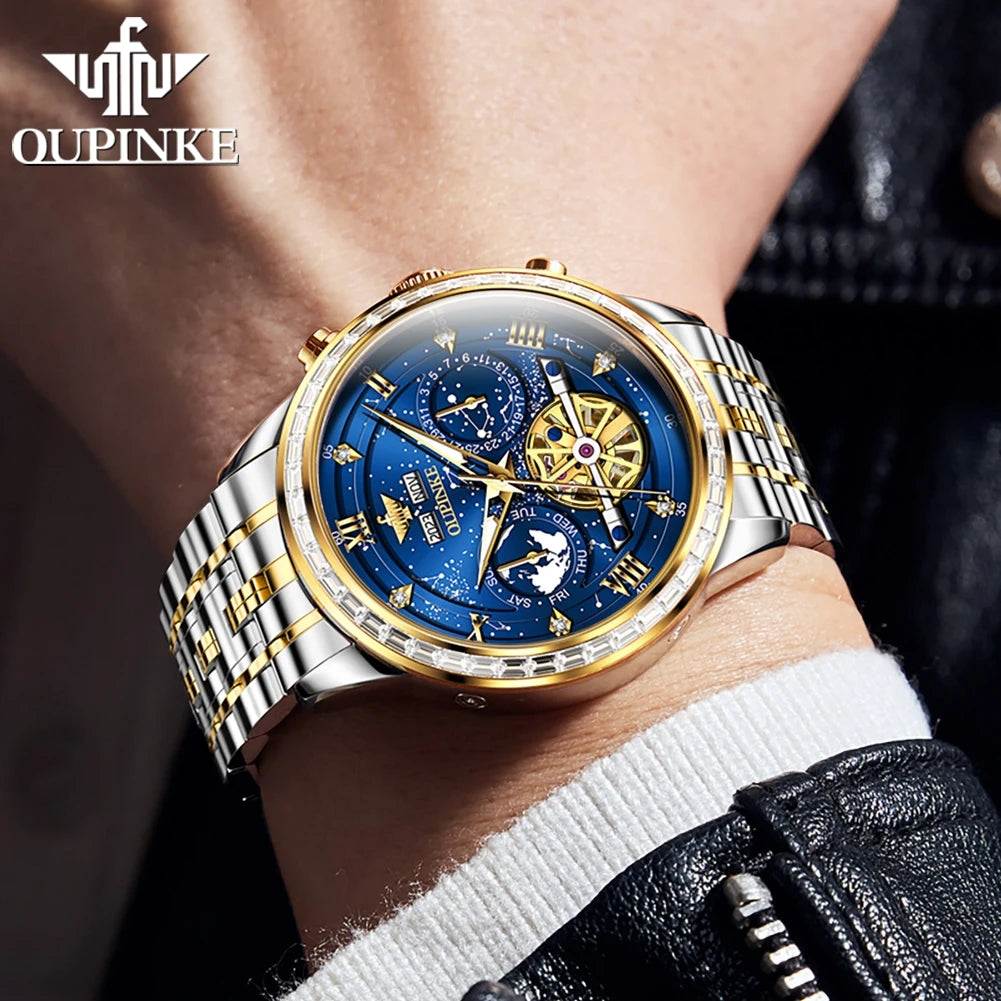 OUPINKE 3255 Men Watch Luxury Brand Swiss Movement Starry Sky Skeleton Waterproof