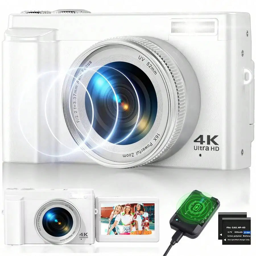 4K Digital Camera 48MP Autofocus 180 ° 3-Inch Flip Screen Selfie Video Vlog Camera 16x Digital Zoom High Definition Anti-Shake Portable