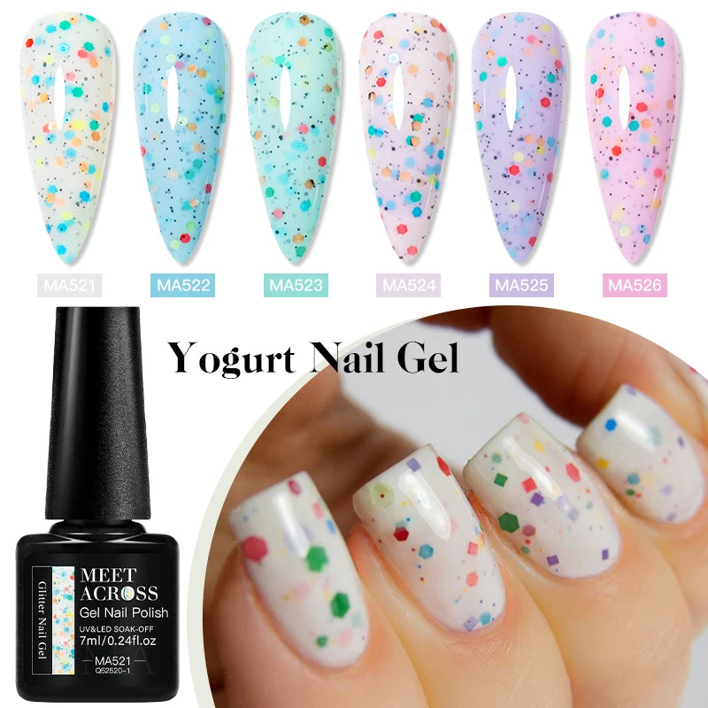 MEET ACROSS 7ml Yogurt Gel Nail Polish Cake Candy Color Sequins