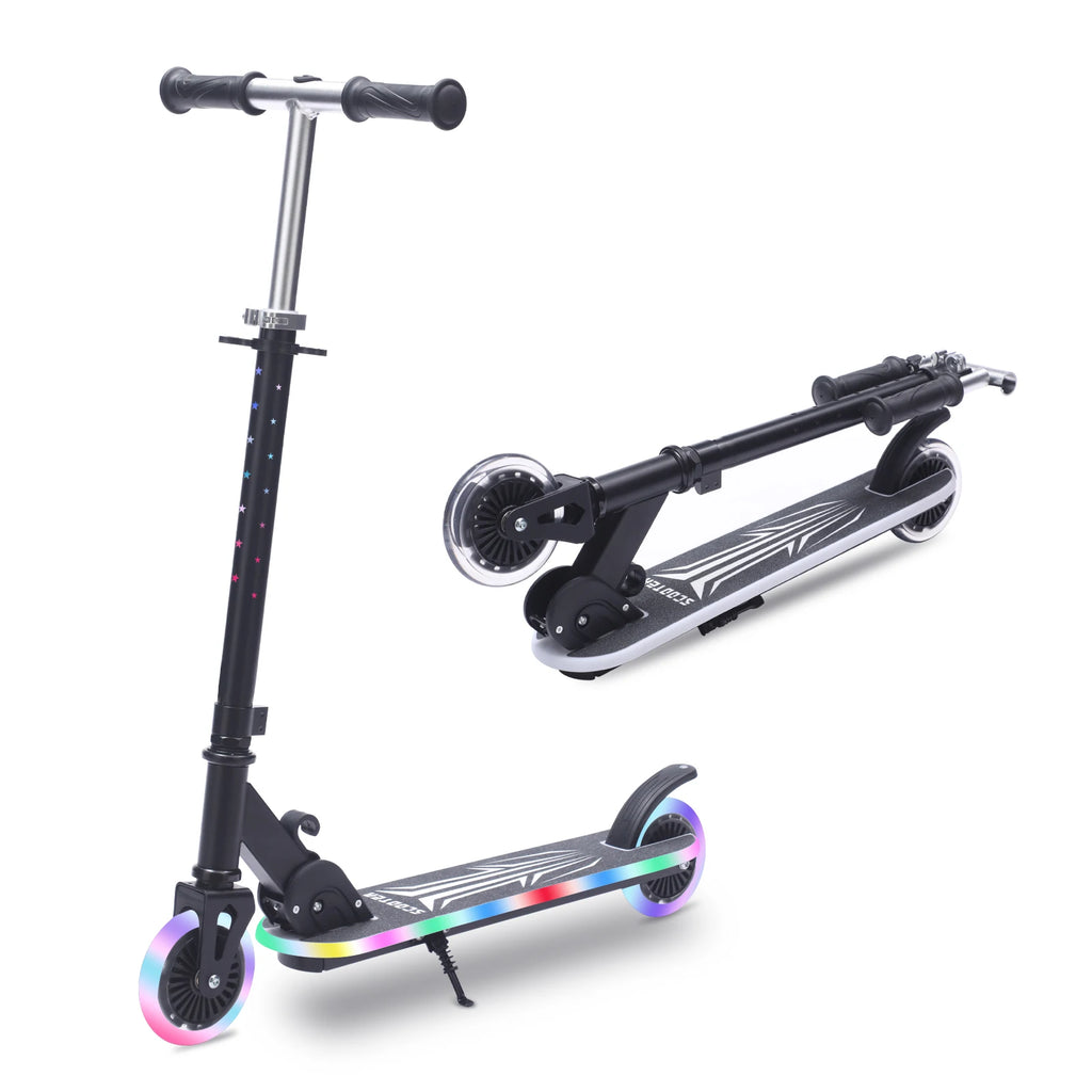 One-Click Folding Kids Scooter, 4-Level Height Adjustable Handlebar 75-90cm, Rear Foot Brake, Colourful LED Light-Up Wheels & Pedals, Stable 4.34" Tires, Portable Kick Scooter for Boys Girls Outdoor Play