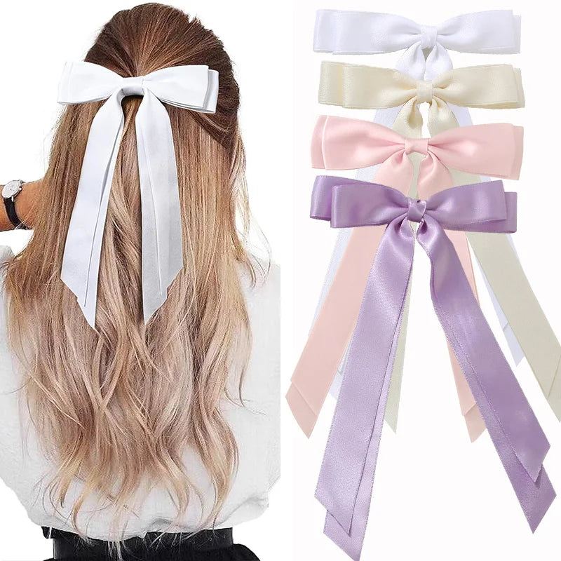 2/4Pcs Women Fashion Bilayer Bow Hair Clips, Soft Long-Tailed Bow Hairpins
