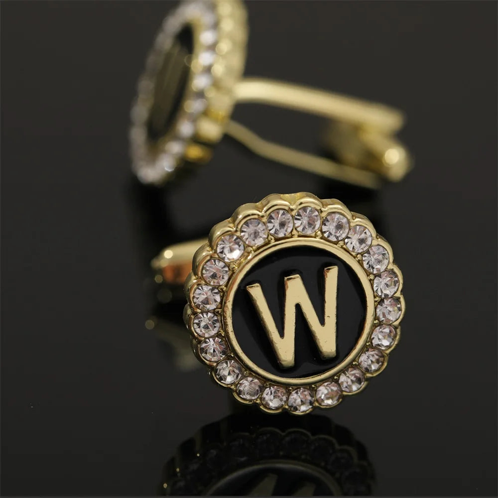 26 Initial Capital Letter A-Z Mens Cufflinks Galaxy Golden Color Gear Shape Crystal Cuff Links Formal Shirt Suit Jewelry Gift