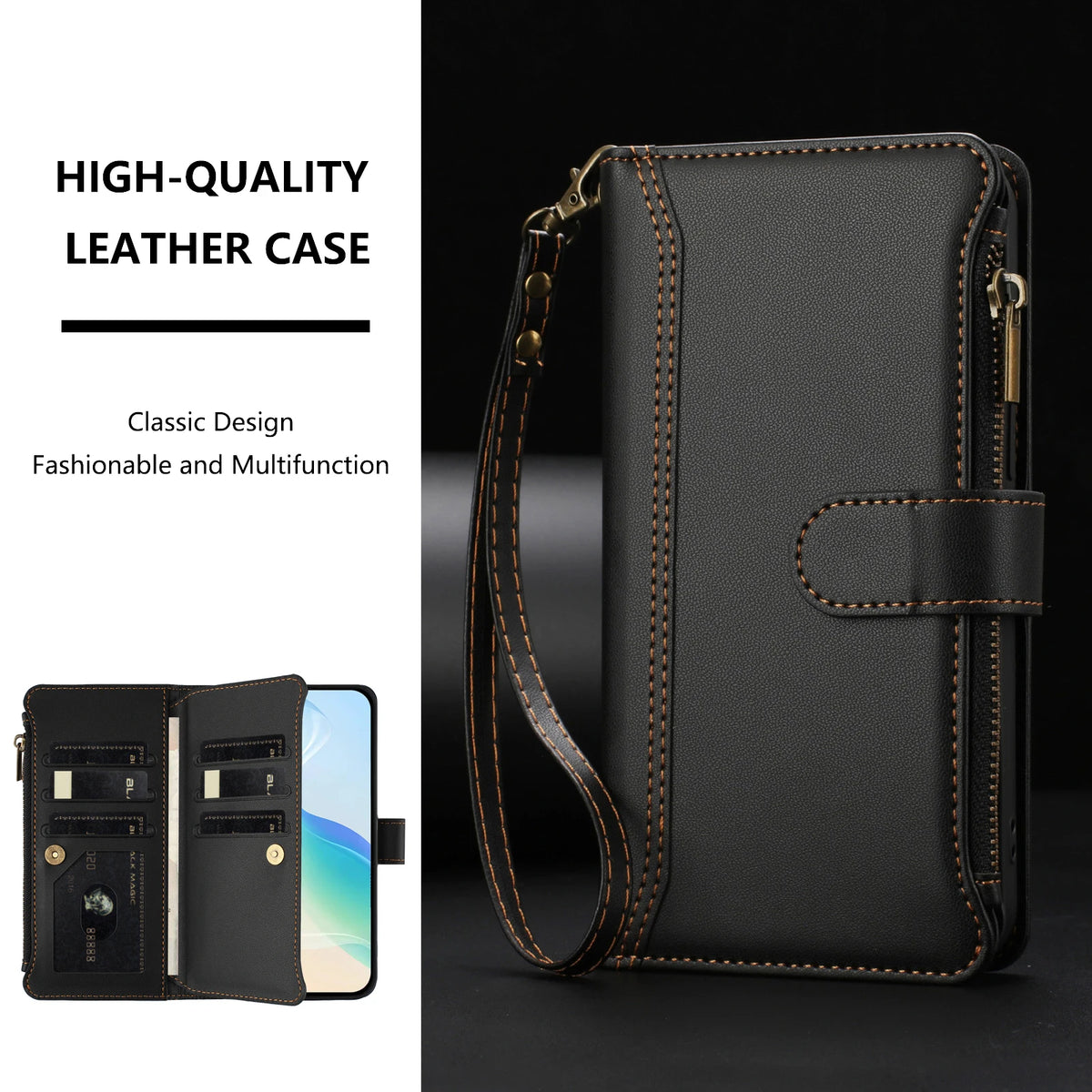 Zipper Wallet Phone Case For Honor X5B X6A X6B X7C X7D X8A X8C X9A X9C X9D