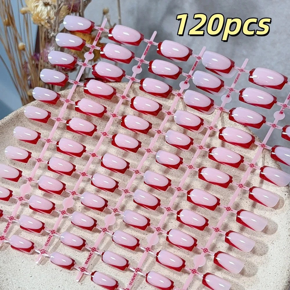 120pcs French Glossy Color Block Acrylic False Nails Spring & Summer Nude Tones Press-On Nails Full Cover Square Shape Nail Tips