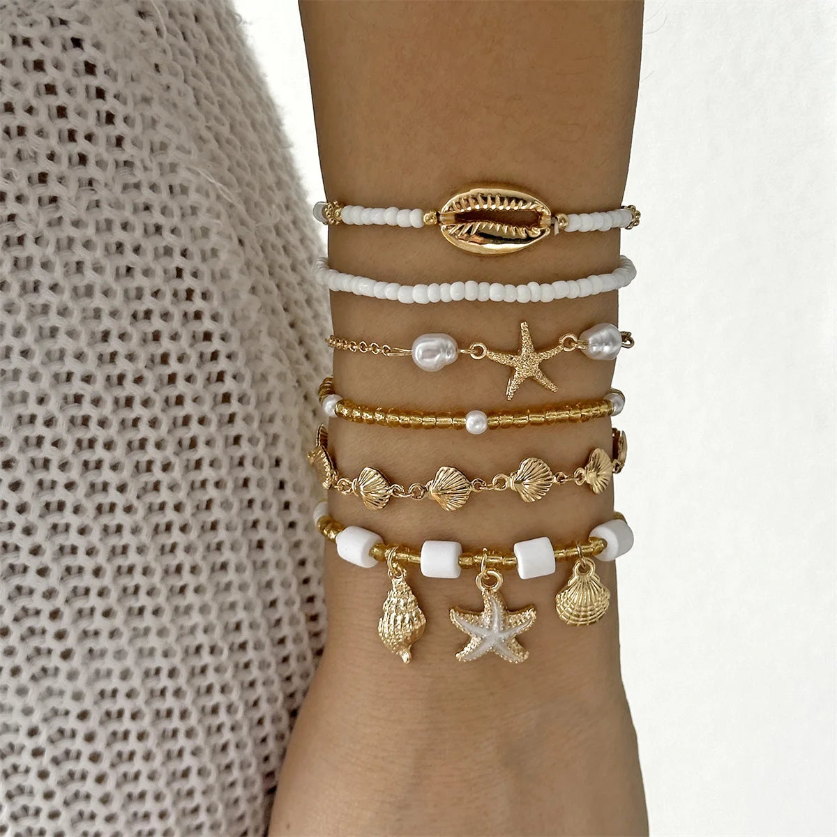 Fashion Multilayer Stacked Bracelets Set for Women Bohemian Shell Starfish Beaded Bracelets Summer Beach Party Jewelry Gift