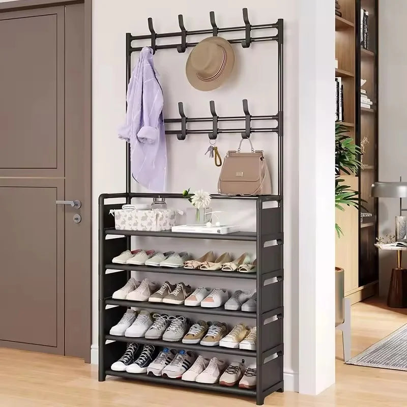 Multi-Tier Metal Rack with 8 Hooks for Shoes, Coats, Hats, and Accessories