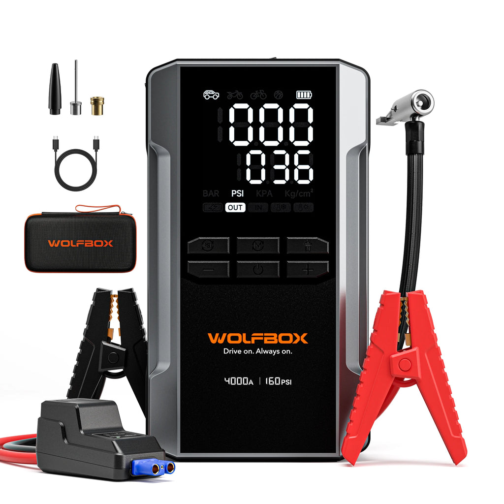 WOLFBOX 4000A Jump Starter with 160PSI Air Compressor, 12V Car Battery Booster