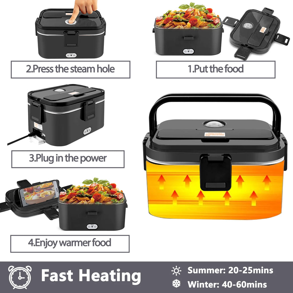 Electric Lunch Box 80W Fast Heating, 1.8L Portable Food Warmer Lunch Container for Car 12V & Home 220V, Stainless Steel Leakproof Heated Lunch Box with Insulated Bag & Utensils