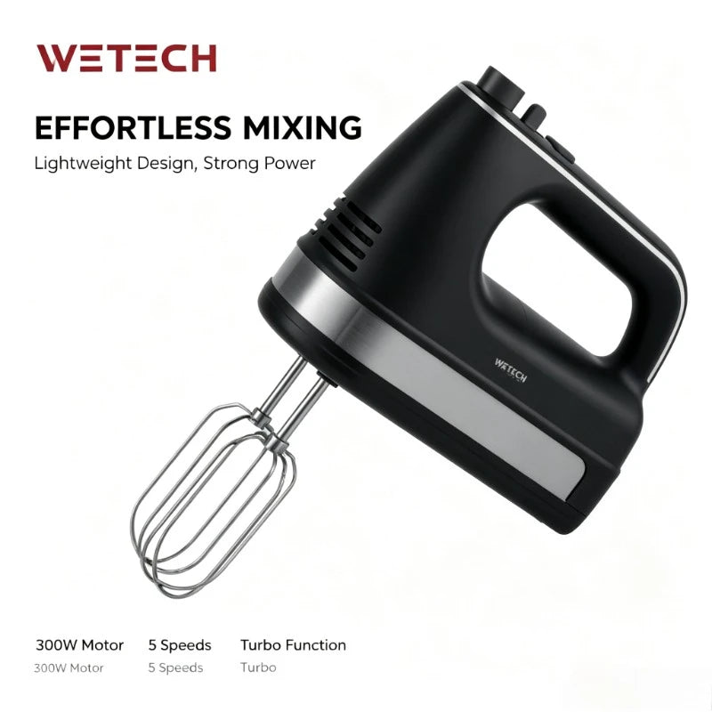 WETECH W6316 300W Electric Hand Mixer 5 Speed Turbo Boost Stainless Steel Whisks