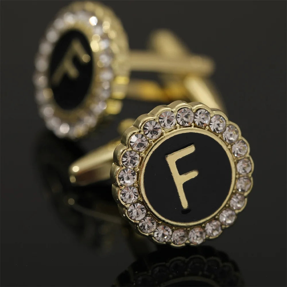 26 Initial Capital Letter A-Z Mens Cufflinks Galaxy Golden Color Gear Shape Crystal Cuff Links Formal Shirt Suit Jewelry Gift