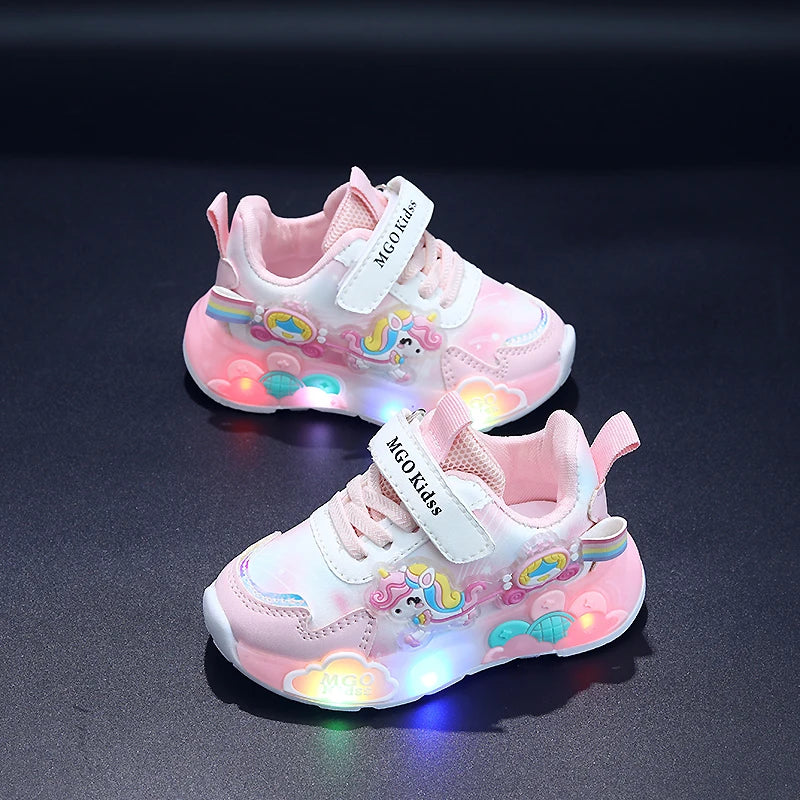 Mgo Kidss New Spring and Autumn Girls' Shoes, Light-Up Shoes, Flashing Shoes, Rainbow Pony Shoes, Kidsren's Sports Shoes, Girls' Soft-Soled Shoes, Running Shoes, Pink Shoes, Princess Kidsren's Shoes, Suitable for Ages 1-3-6,