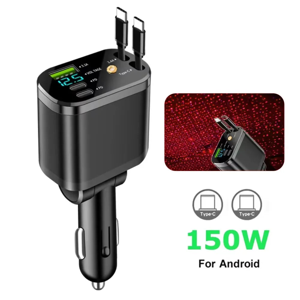5 In 1 Car Charger 66W Max with Retractable Cable PD30W+2.4A