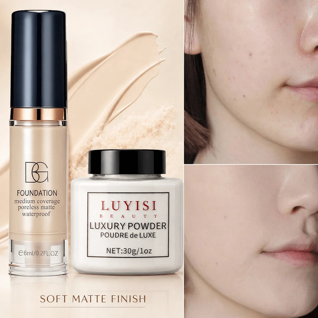 Facial Makeup Set:1pc Matte Loose Powder+1pc Waterproof Fundation