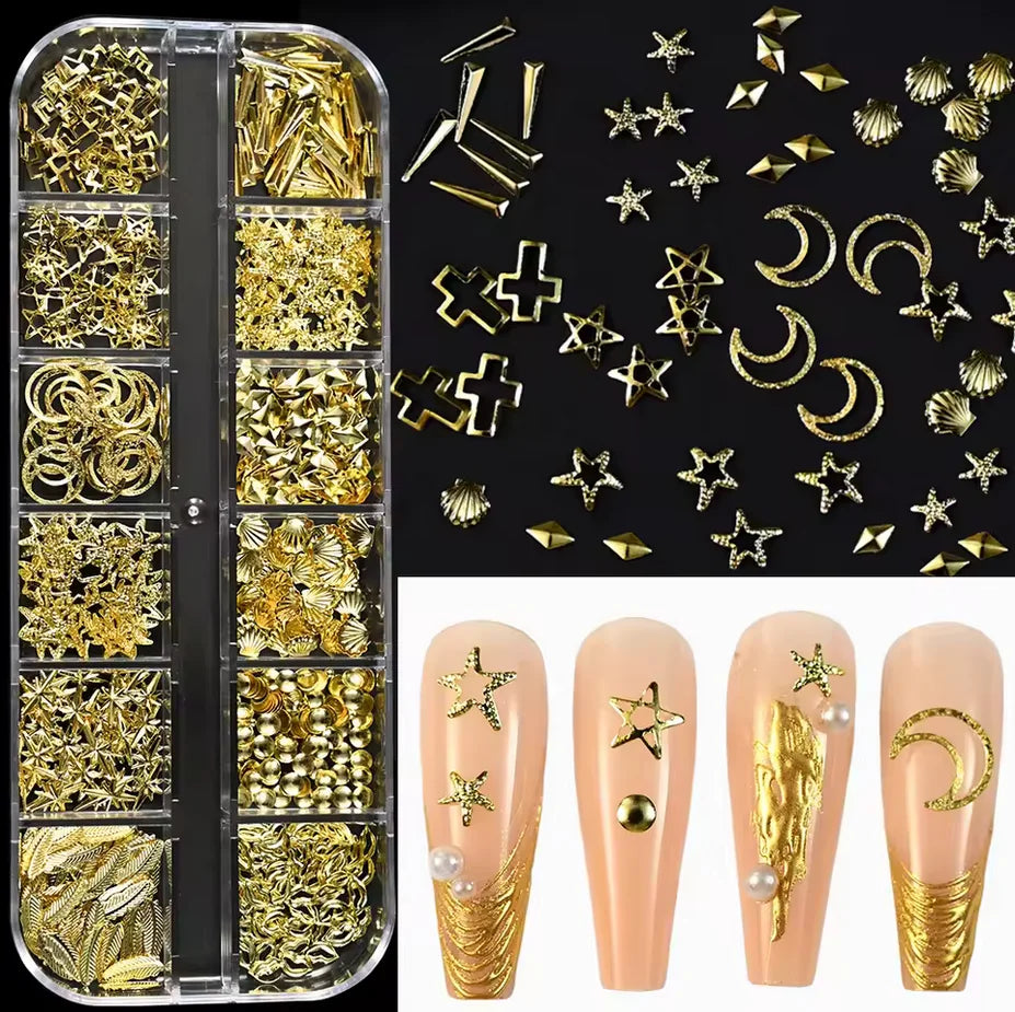 12Grids Silver Star Moon Glitter Nail Charms Mixed Metallic Tips Slice Rivet 3D FlatBack Gold Silver Star DIY Alloy Nail Studs_-