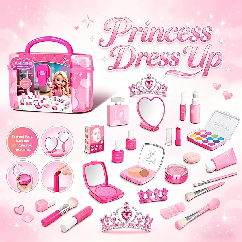 Girl’s pretend home make-up set: faux manicure, lip color, eye shadow, non-washable princess-themed cosmetics and toys.