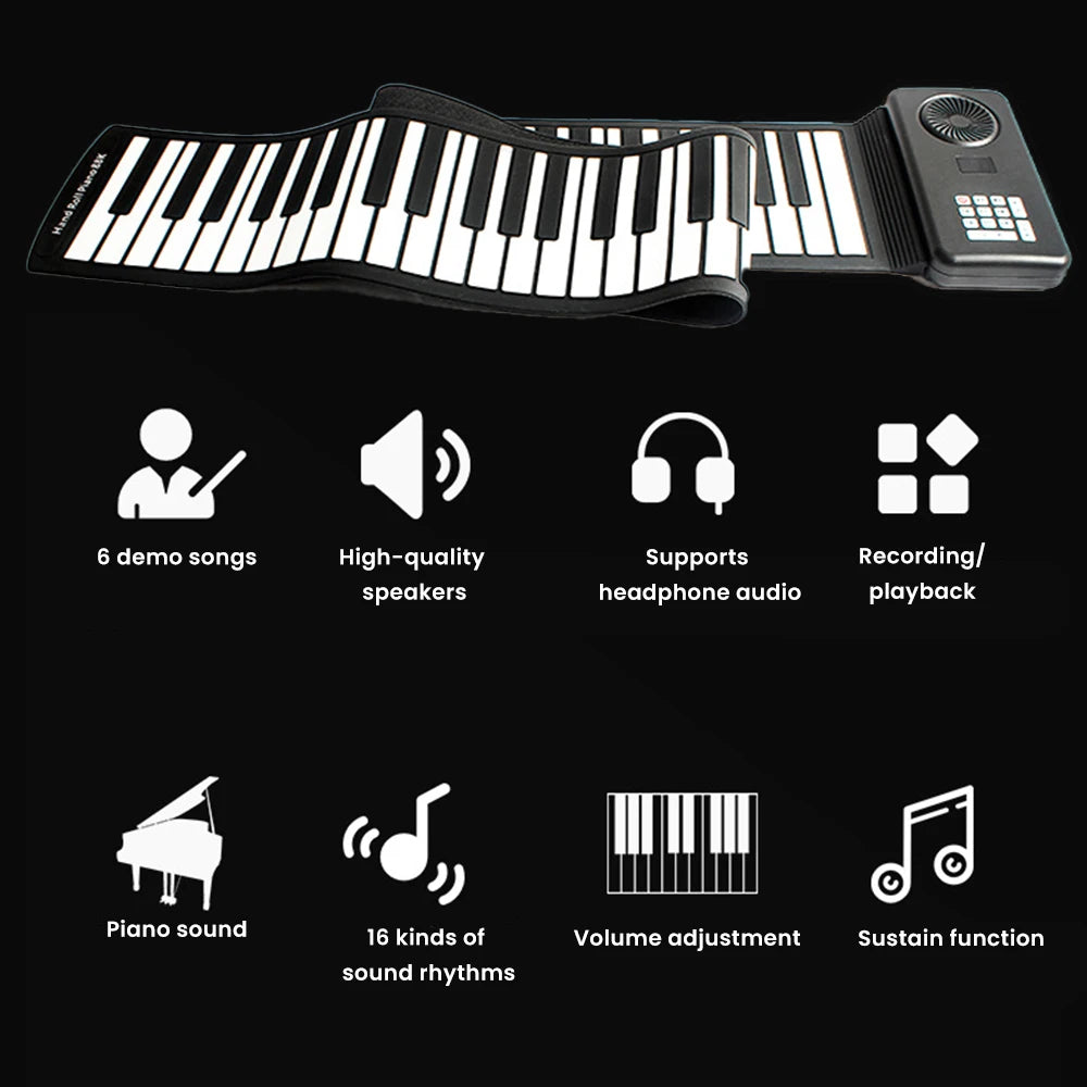 NEW 88 Keys Folding Piano Keyboard Silicone Roll Up Portable Electronic Hand Roll Musical Instrument Travel Builtin Speaker