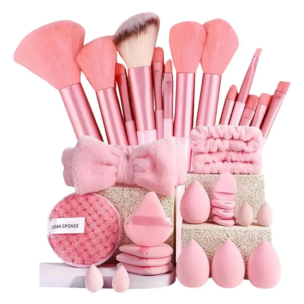 33Pcs Makeup Tools Kit Professional Soft Fluffy Makeup Brush Set Foundation Blush Eyebrow Shadow With Headband Wristband Pink