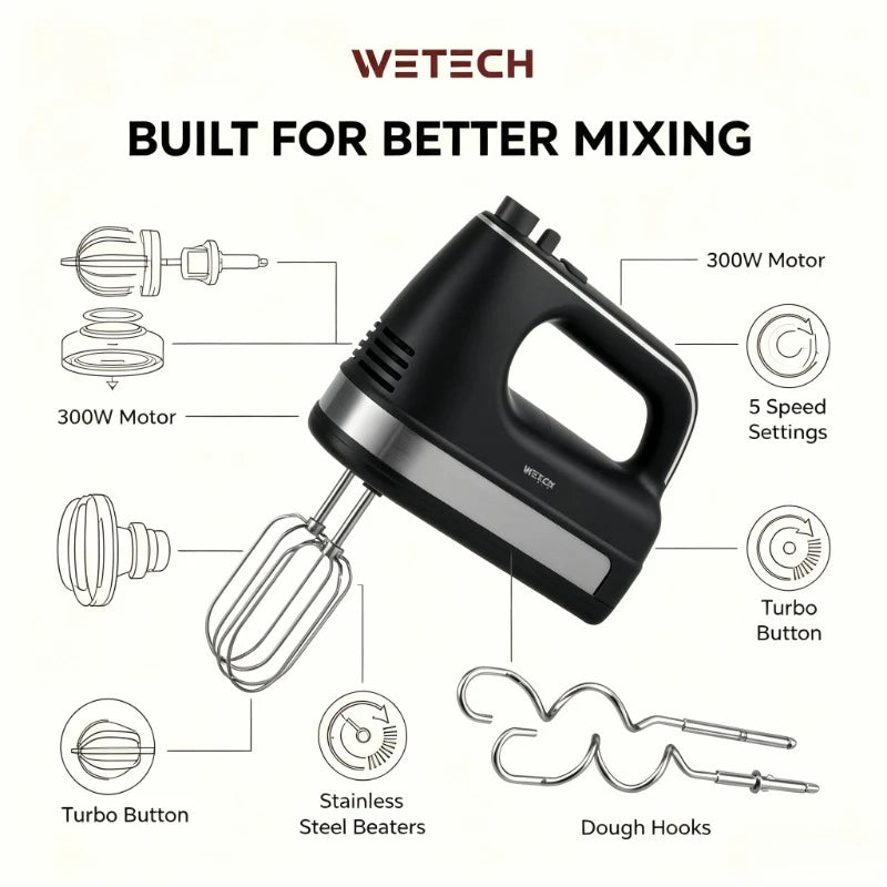 WETECH W6316 300W Electric Hand Mixer 5 Speed Turbo Boost Stainless Steel Whisks