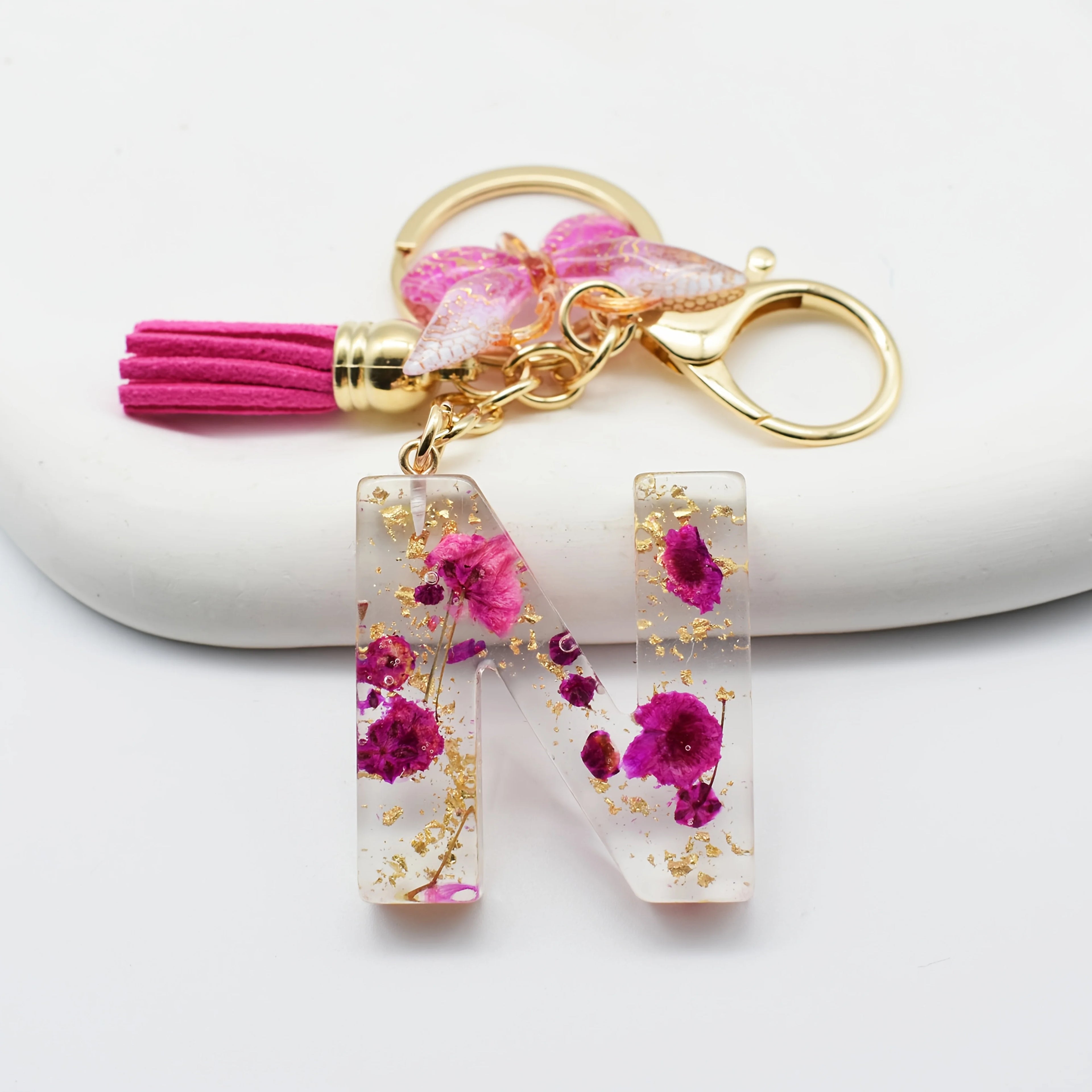 1PC Fashion Easter Alphabet Keychain - Dried Flower Resin Charm, A-Z Initial Pendant Butterfly Tassel, Non-Woven ABS Gift