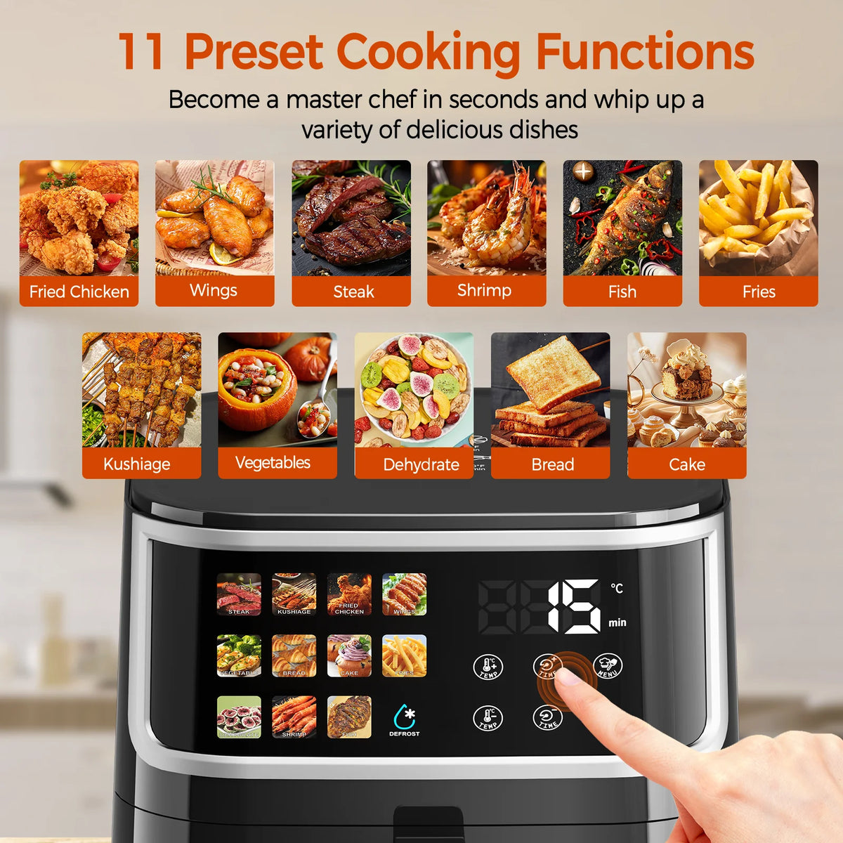 Smart Air Fryer 8L 1700W with Led Touch Screen 11 Preset Functions Max 200°C