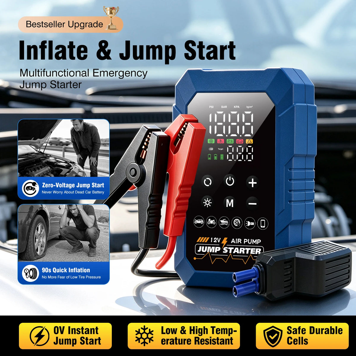12V Emergency Jump Starter Pack 150PSI Car Battery Booster Air Pump