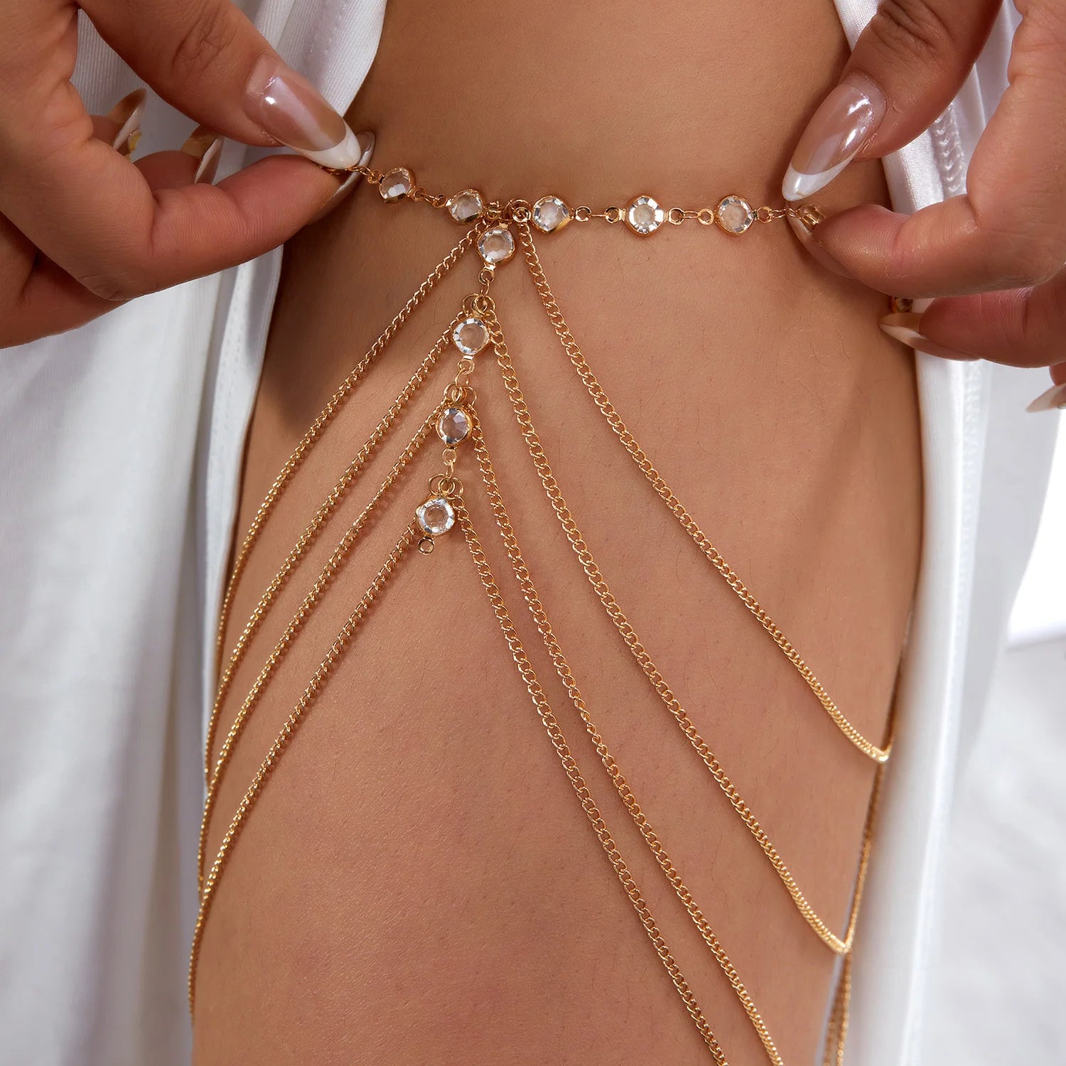 Sexy Multilayer Rhinestone Thigh Chain For Women Bling Zircon Long Tassel Starfish Pearl Leg Harness Summer Beach Body Jewelry
