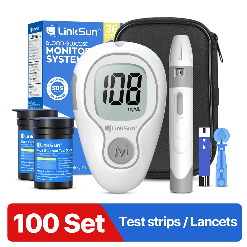 LinkSun Blood Glucose Meter G-425-3 Glucosemeter Kit 10/50/100pcs Strips No Code For Diabetes Tester Medical Blood Sugar Monitor