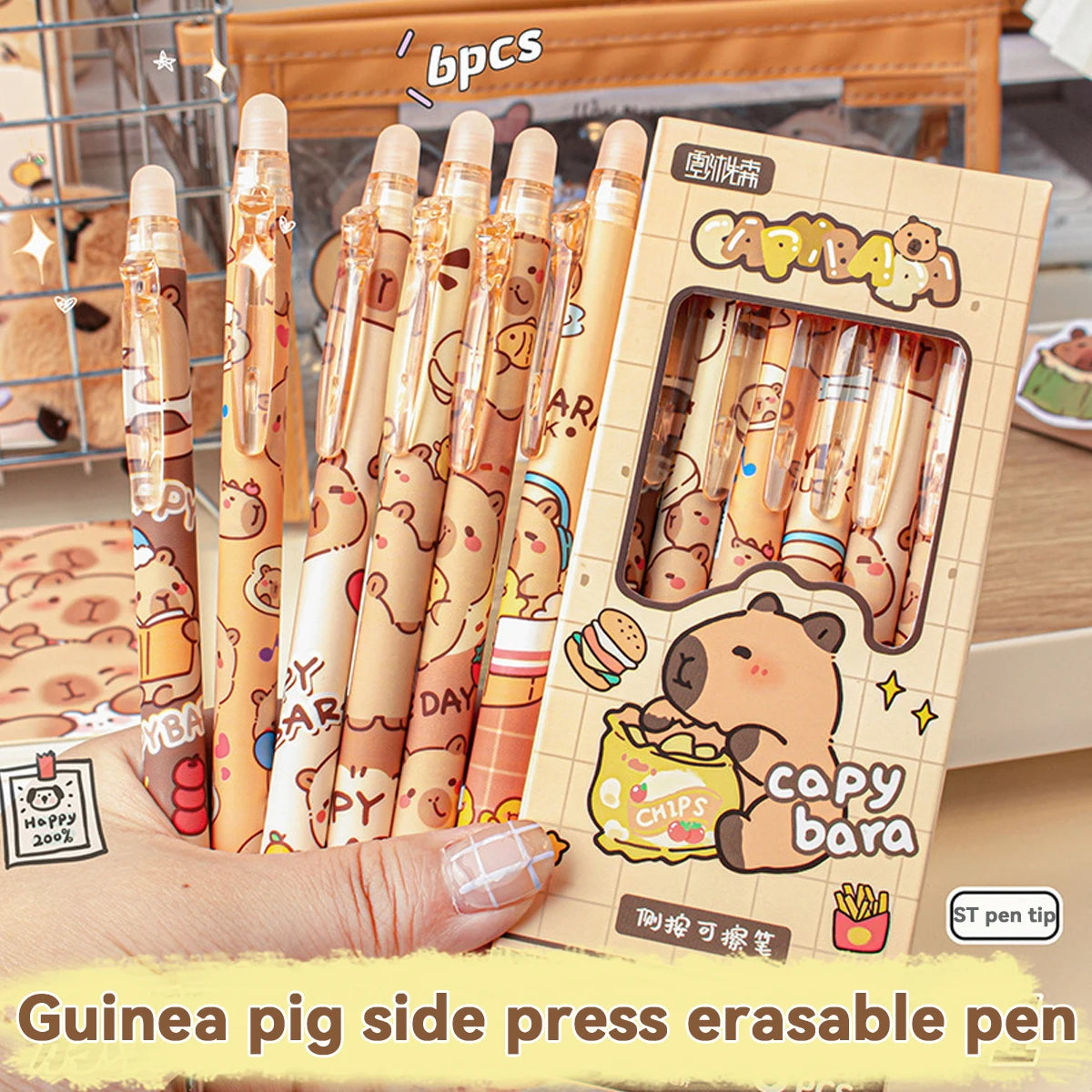 Capybara Erasable Pens 6pcs Refillable Ink Gel