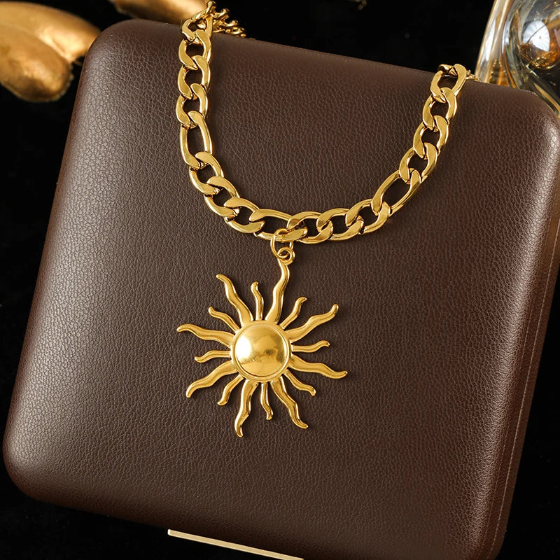 GANEMLY 316l Stainless Steel Metallic Gold Color Sun Pendant Necklace Women Chic Romantic Waterproof Neck Chain Jewelry Gift