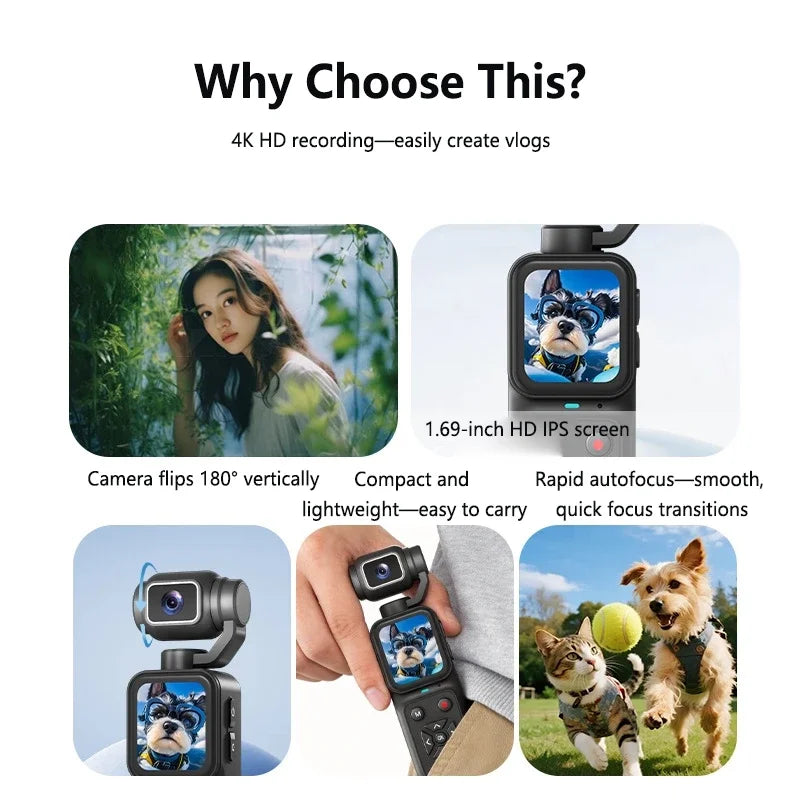 Lenovo Handheld Sports Camera 4K HD Motion Stabilization Pocket-Sized Portable for Vlogging Upload to Phone 32GB
