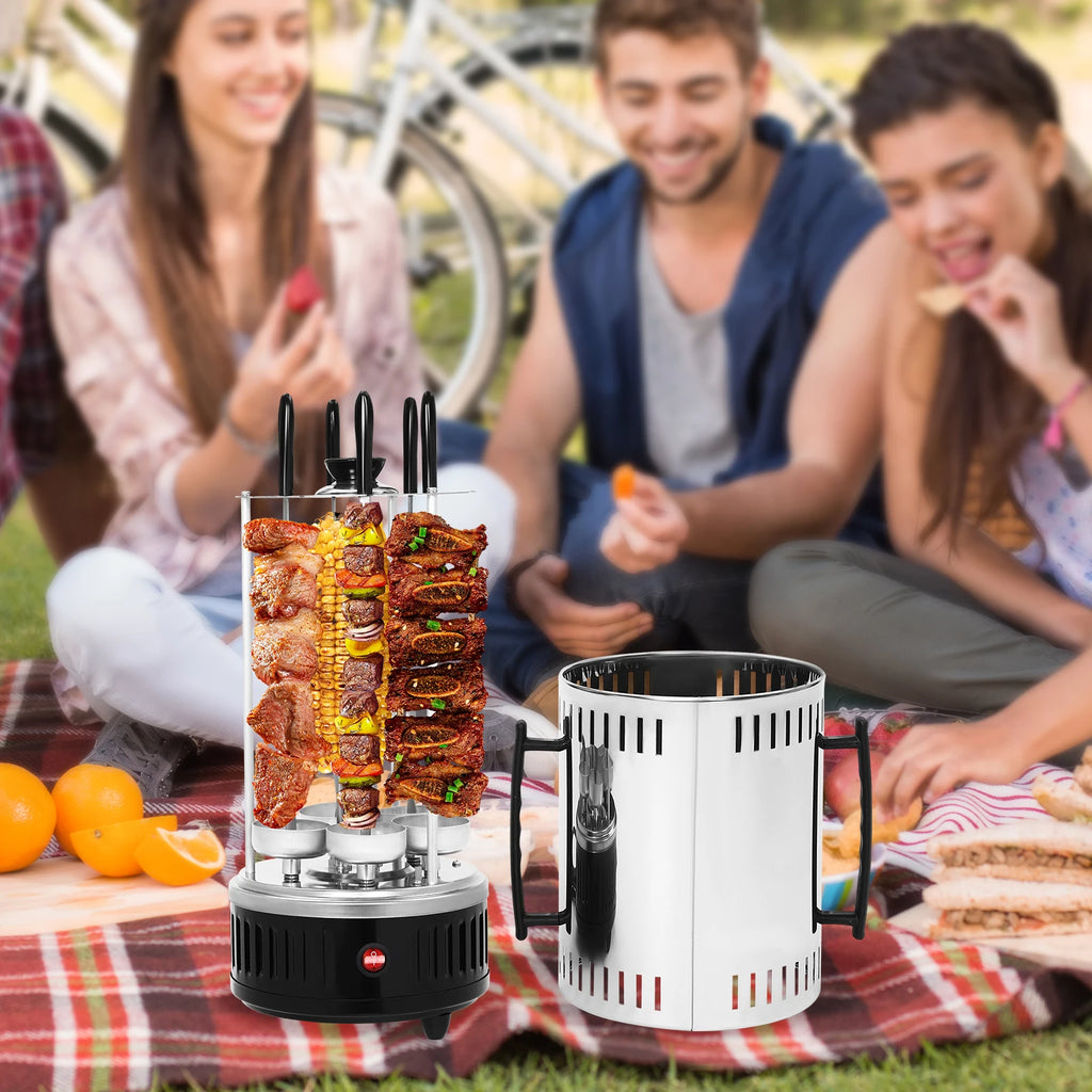 1000W Vertical Electric Grill 5/6 Skewer Stainless Steel Auto Rotating Kebab Machine with Oil Drip Pan for Kebobs Shawarma BBQ