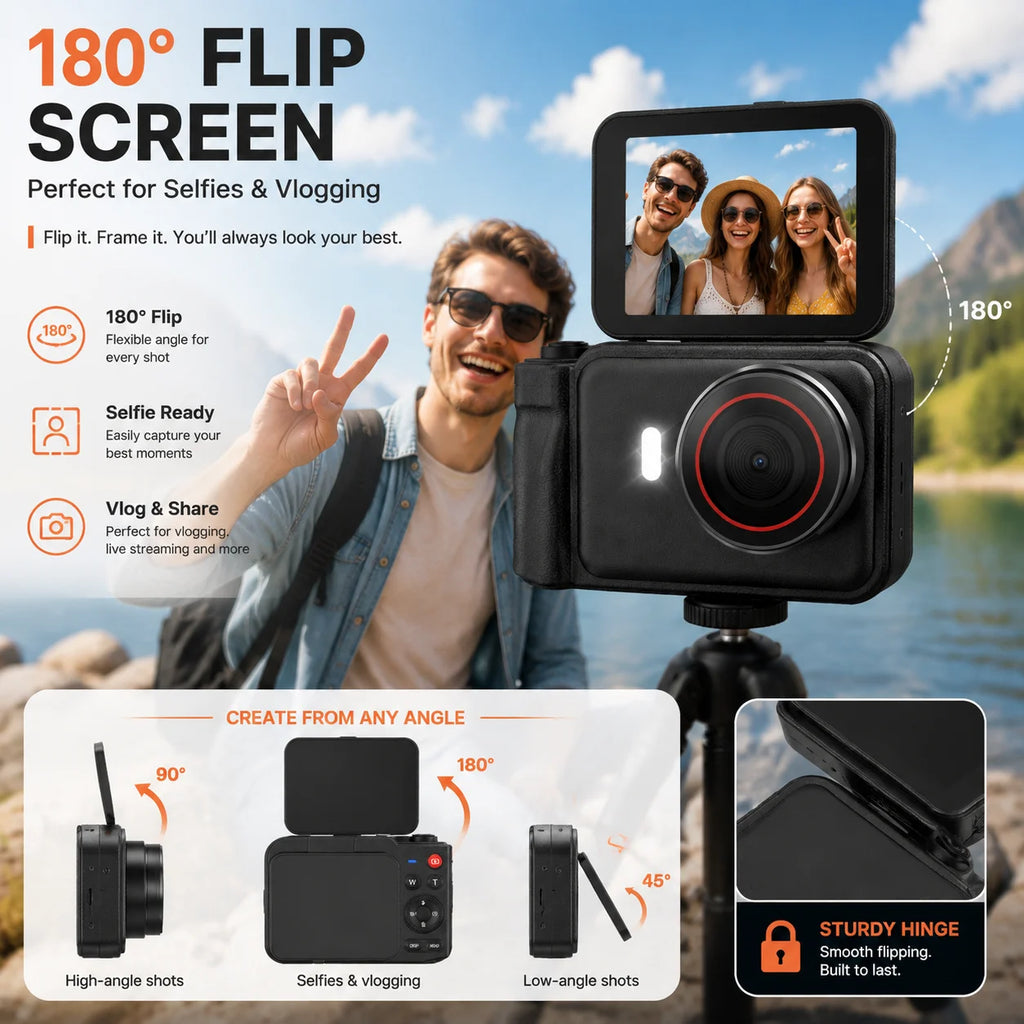 4K Digital Camera for Photography & Vlogging, 66MP Autofocus Camera with 180° Flip Screen, 10X Digital Zoom, 32GB TF Card Included, Type-C Rechargeable Compact Camera for Beginners, Travel & Everyday Use