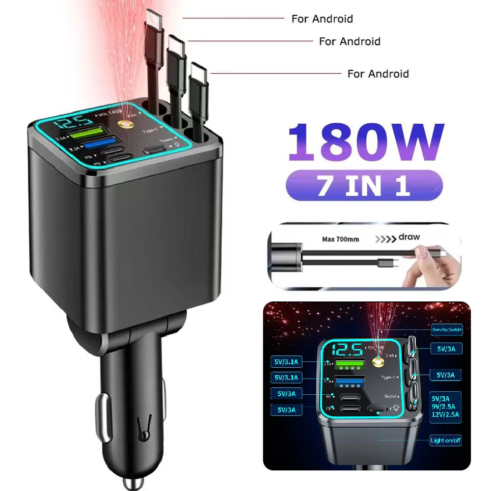 5 In 1 Car Charger 66W Max with Retractable Cable PD30W+2.4A
