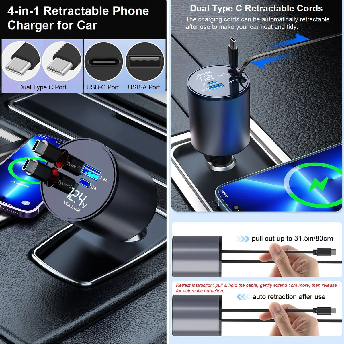 4 in 1 Retractable Car Charger USB C, 120W Fast Charging Car - for iPhone Samsung Huawei