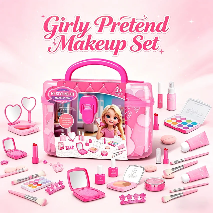 Girl’s pretend home make-up set: faux manicure, lip color, eye shadow, non-washable princess-themed cosmetics and toys.