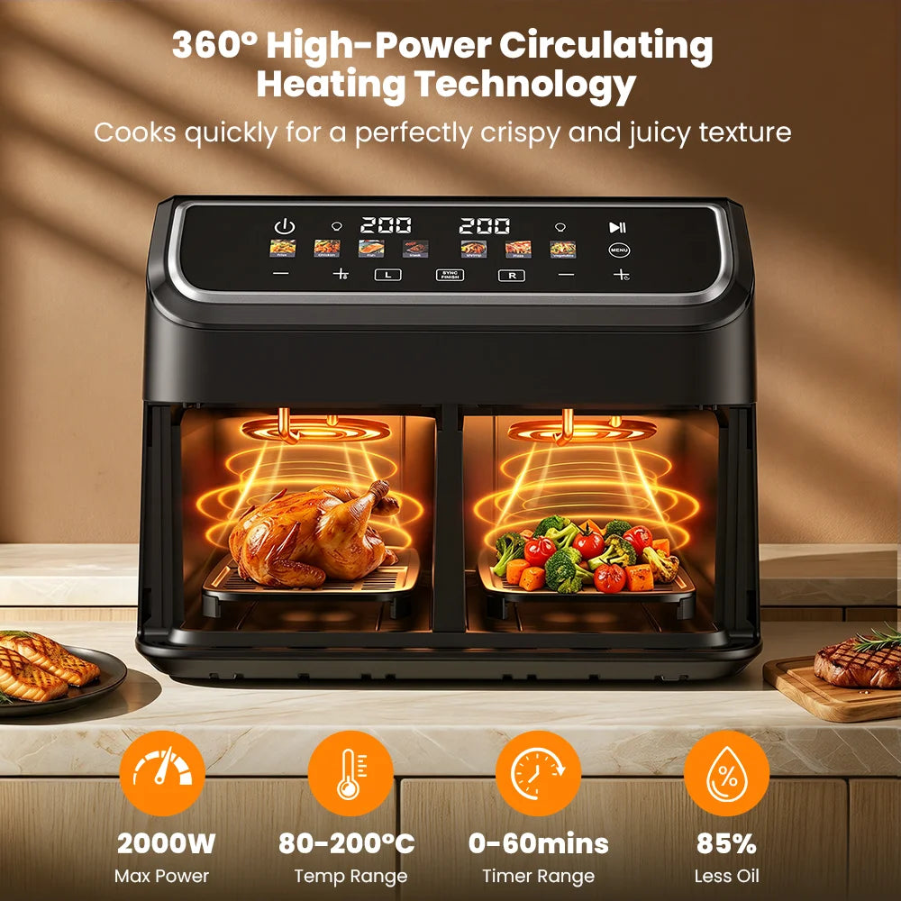 Patbrela 9L Dual Air Fryer XXL Large Capacity, Double Basket Airfryer with Independent Controls, 2000W Fast Cooking,