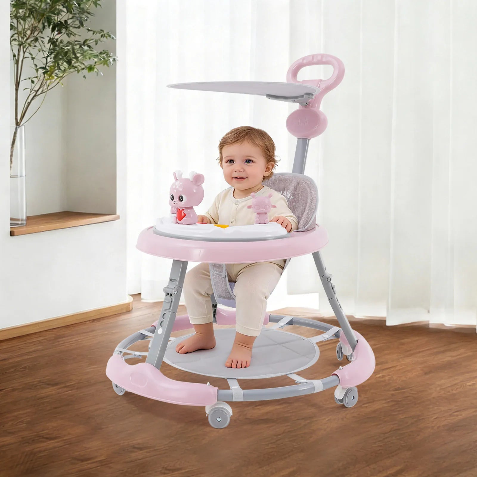 Foldable Baby Walker 7 Height Adjustable Musical Activity Walker with Wheels & Sunshade for 6-18 Months