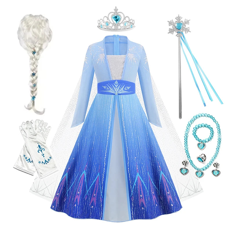 Elsa Princess Dress for Girls Blue Long Sleeve Cloak Carnival
