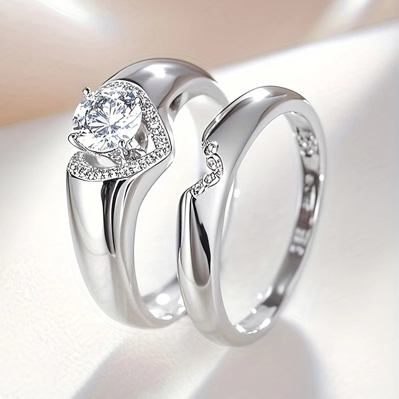 Huitan Fashion 2Pcs Heart Rings Set Female Delicate Opulent Brilliant Accessory for Engagement Stylish Gorgeous Wedding Jewelry