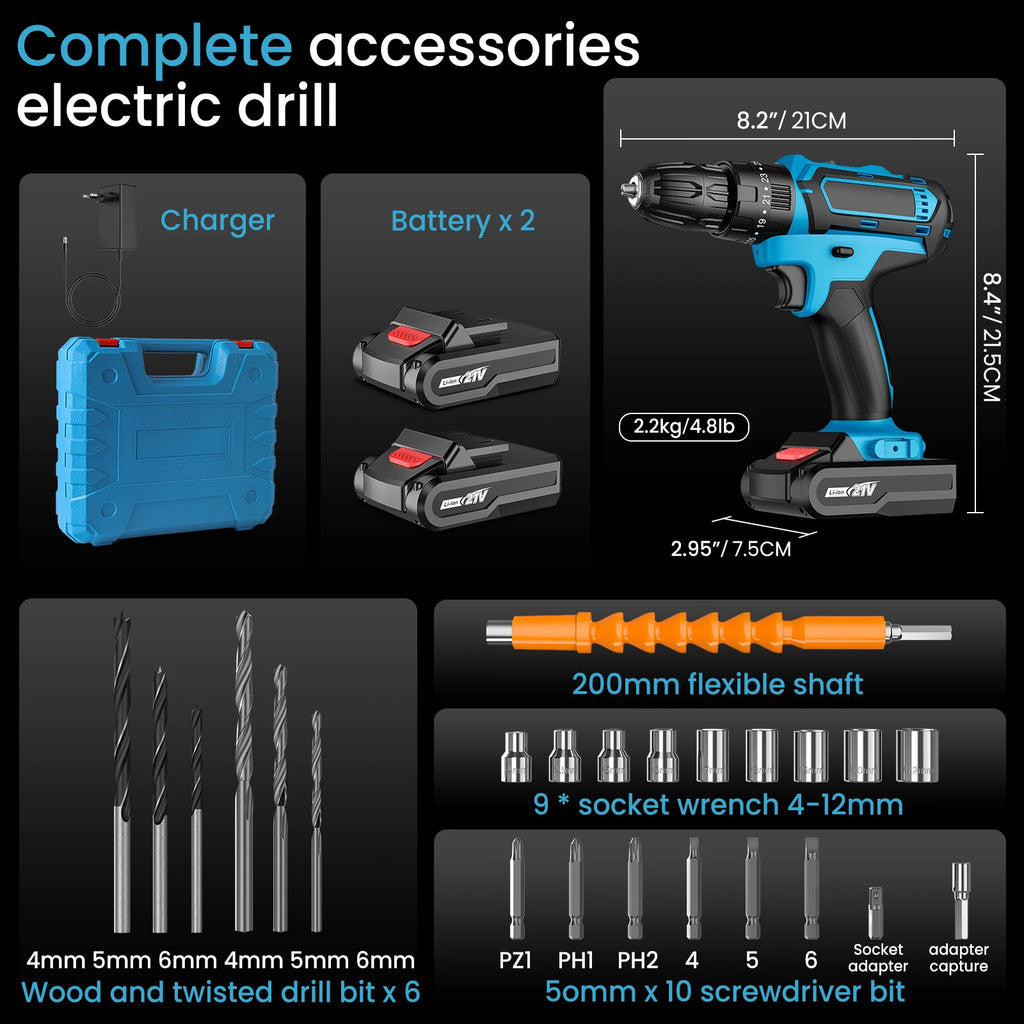 21V Cordless Electric Impact Drill Electric Screwdriver 25+3 Torque Compact Hand Drill Rechargeable Battery Electric Tools