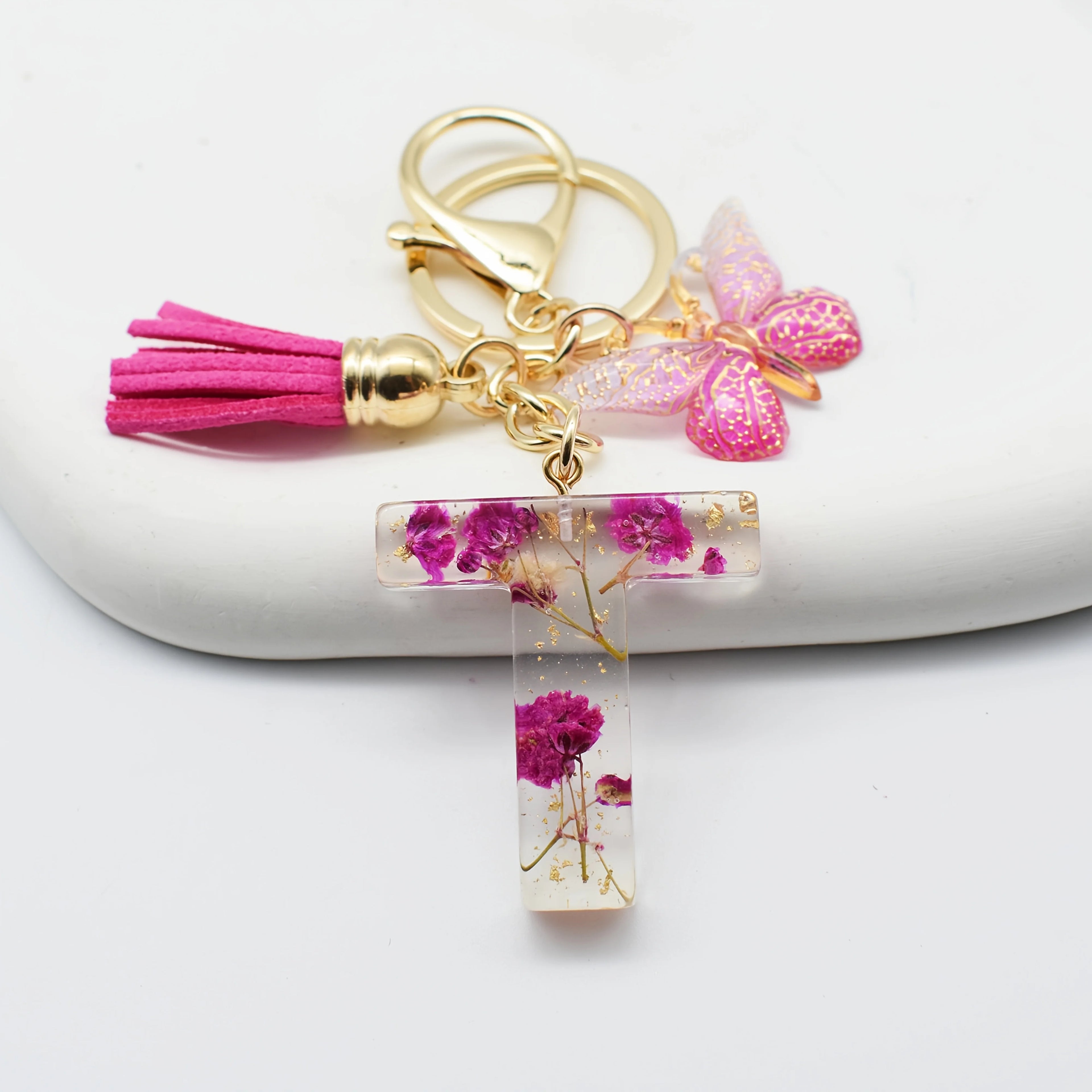 1PC Fashion Easter Alphabet Keychain - Dried Flower Resin Charm, A-Z Initial Pendant Butterfly Tassel, Non-Woven ABS Gift