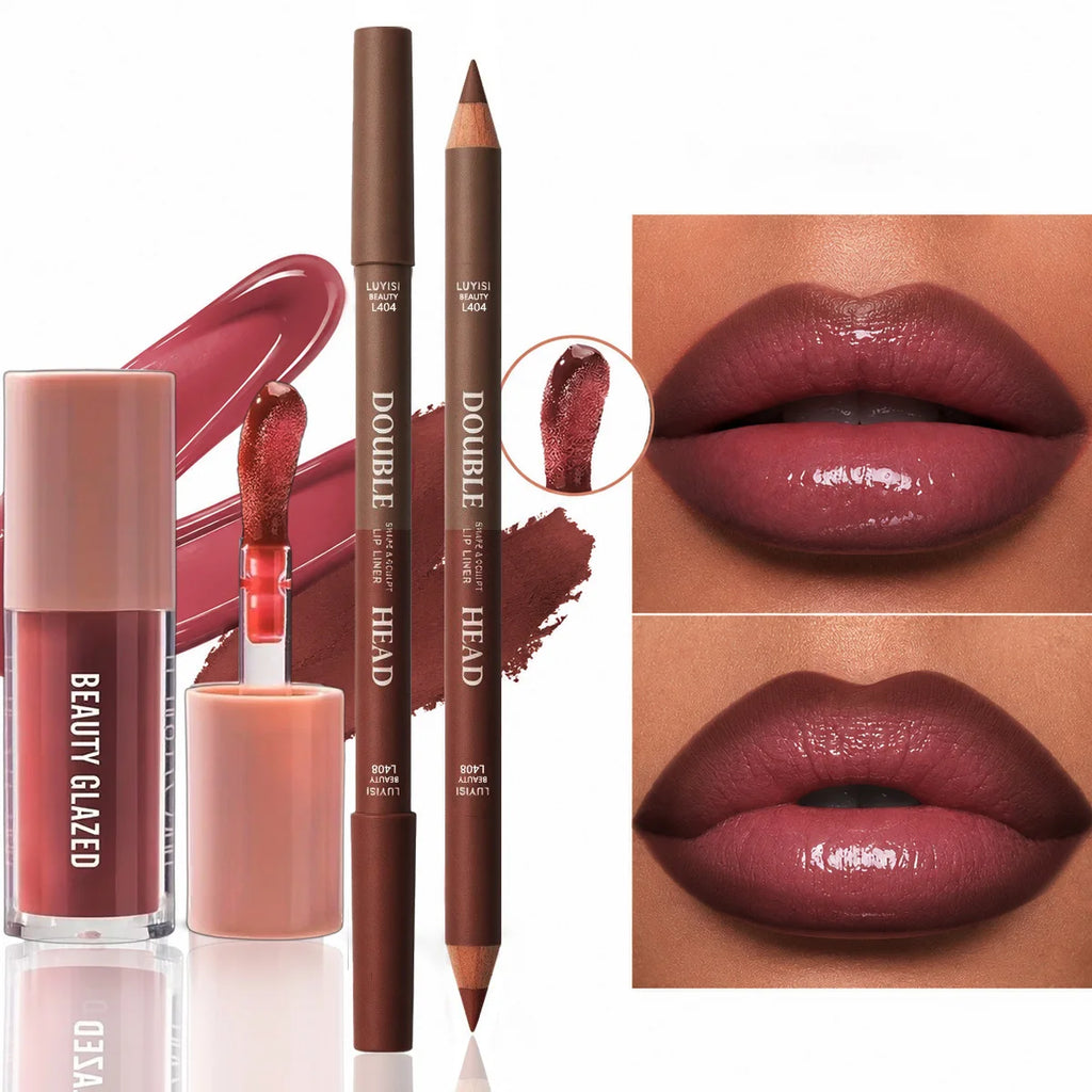 2pcs/Set Lip Makeup Set,1pc Matte Dual-Color Lip Liner+1pc Moisturizing Lip Gloss