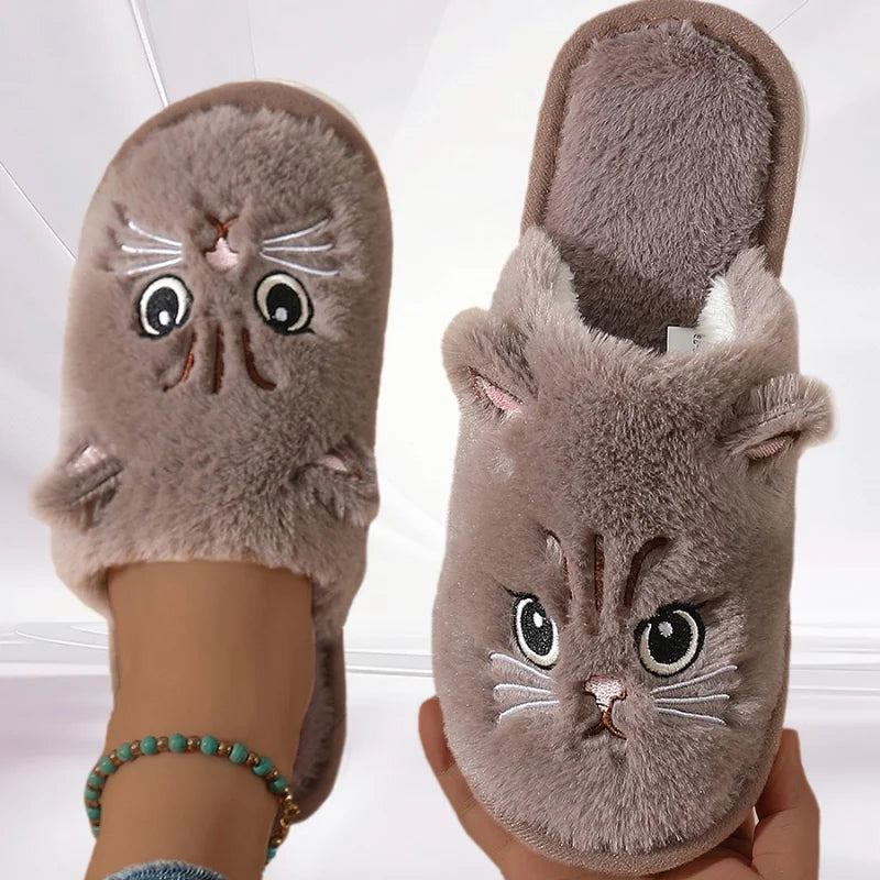 2025 Women Cute Cat Fluffy Furry Home Slippers Couples Indoor