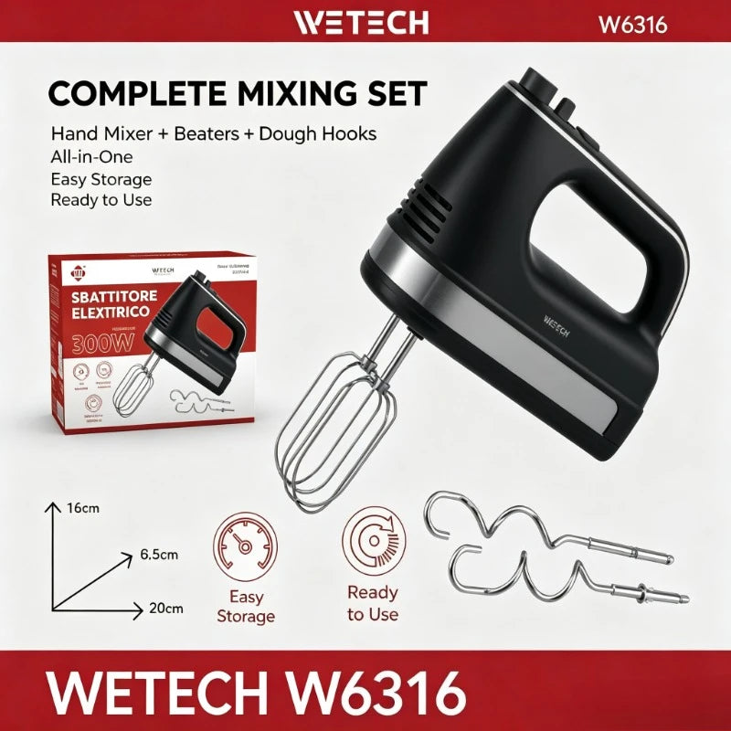 WETECH W6316 300W Electric Hand Mixer 5 Speed Turbo Boost Stainless Steel Whisks
