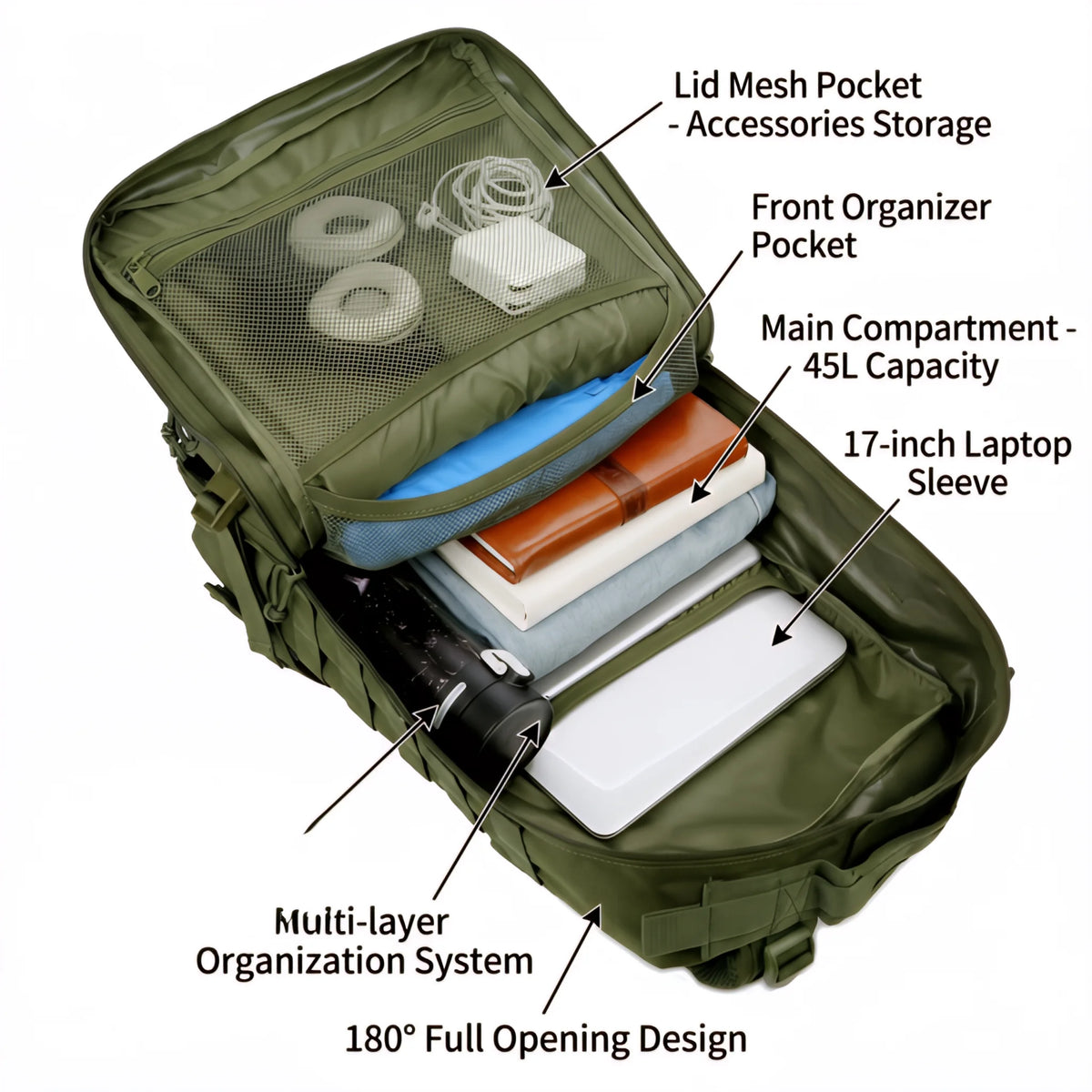 45L Tactical Travel Backpack Molle Large Capacity Multi Pocket Storage Bag Durable Wear Resistant Camping Hiking
